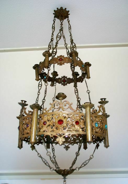 Antique church neo gothic brass religious chandelier candle holder Lamp stones