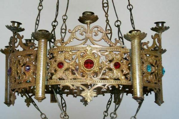 Antique church neo gothic brass religious chandelier candle holder Lamp stones