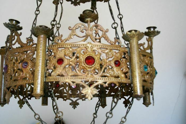 Antique church neo gothic brass religious chandelier candle holder Lamp stones