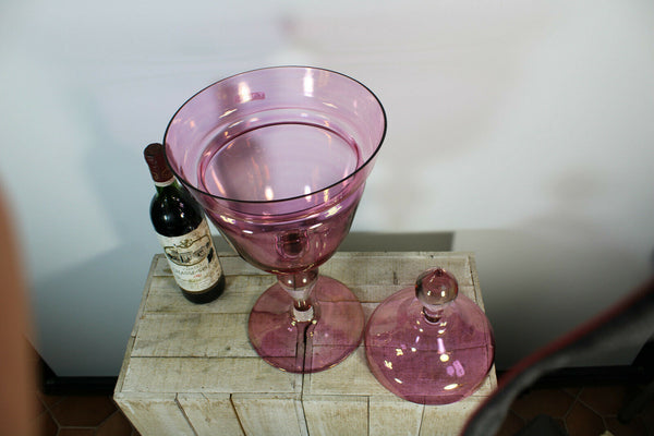 XL Bohemia Glass pink amethyst Drageoir candy pot 1970