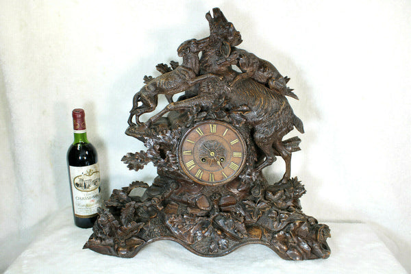 XL top  antique BLACK FOREST wood carved clock hunting scene dogs deer rare