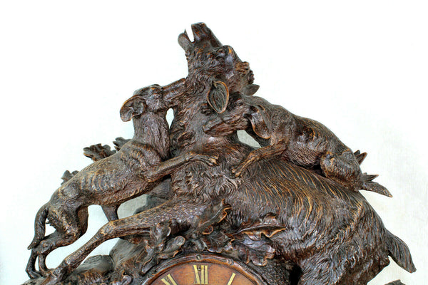 XL top  antique BLACK FOREST wood carved clock hunting scene dogs deer rare