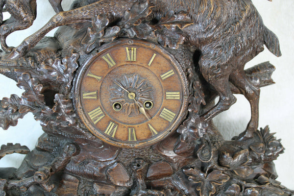 XL top  antique BLACK FOREST wood carved clock hunting scene dogs deer rare