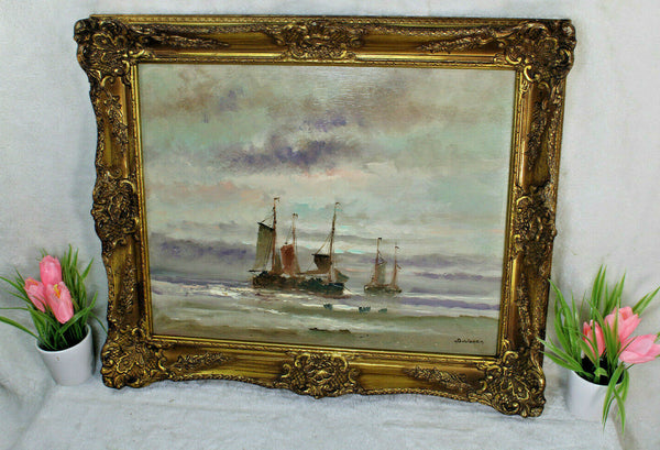 Flemish Maritime oil panel painting boats water signed artist