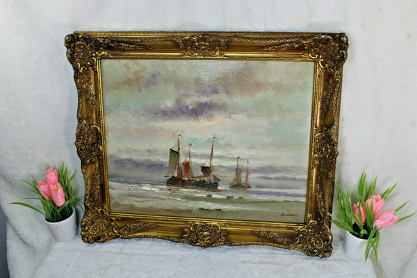 Flemish Maritime oil panel painting boats water signed artist