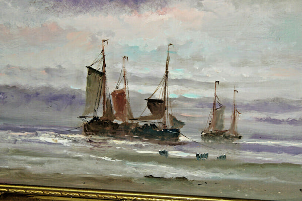 Flemish Maritime oil panel painting boats water signed artist