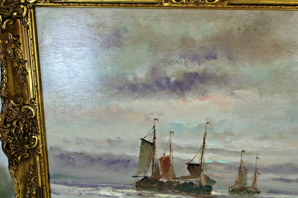 Flemish Maritime oil panel painting boats water signed artist