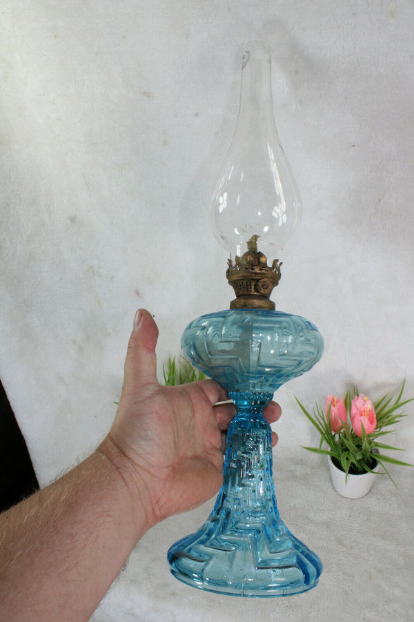 Antique french blue glass oil lamp