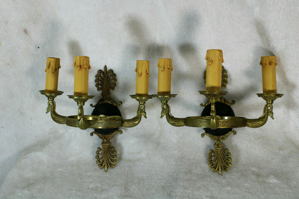 PAIR antique French bronze swan empire 3 arm wall lights sconces