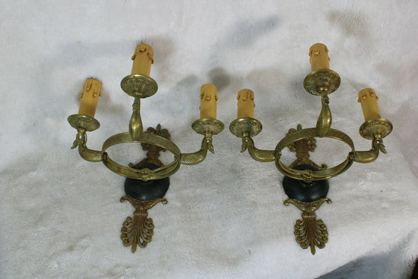 PAIR antique French bronze swan empire 3 arm wall lights sconces