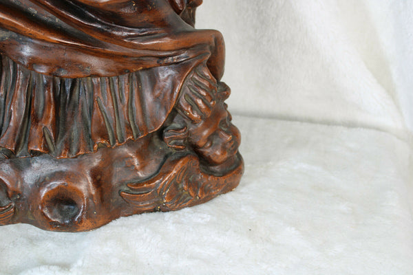 XL Antique french chalkware statue madonna child angels base