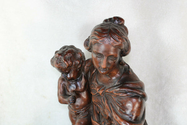 XL Antique french chalkware statue madonna child angels base