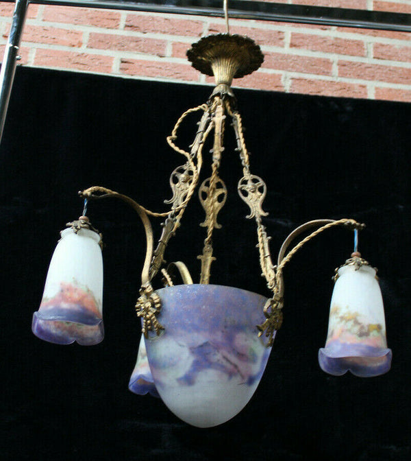 Antique Muller freres Luneville 3 arm Chandelier lamp glass paste shades signed