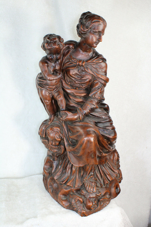 XL Antique french chalkware statue madonna child angels base