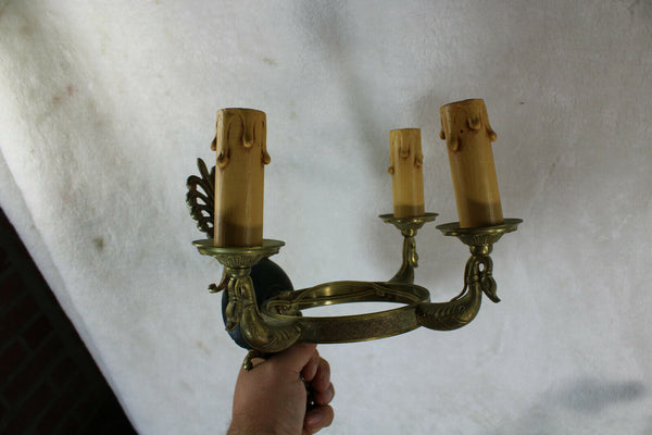 PAIR antique French bronze swan empire 3 arm wall lights sconces