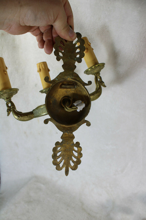 PAIR antique French bronze swan empire 3 arm wall lights sconces