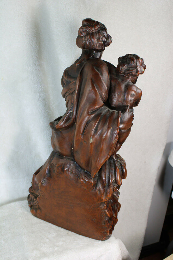 XL Antique french chalkware statue madonna child angels base