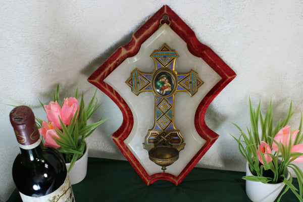 Antique french holy water font crucifix cloisonne enamel porcelain madonna