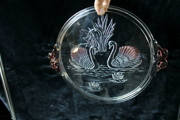 Vintage glass presentation cake pie tray plate with swans