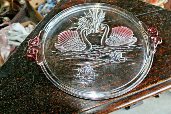 Vintage glass presentation cake pie tray plate with swans