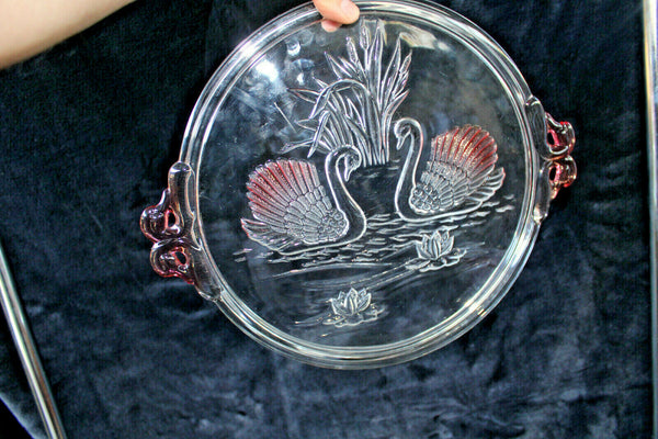 Vintage glass presentation cake pie tray plate with swans