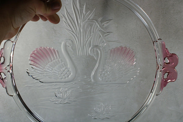 Vintage glass presentation cake pie tray plate with swans