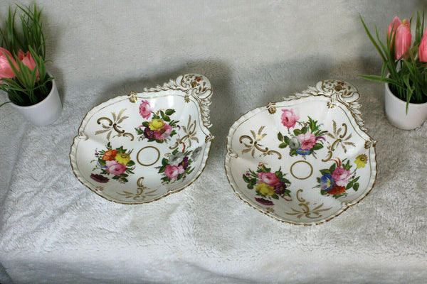 Pair antique vieux paris porcelain oyster plate hand paint floral decors