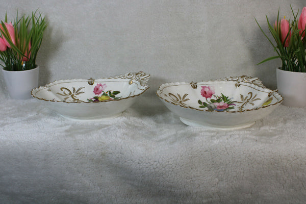 Pair antique vieux paris porcelain oyster plate hand paint floral decors