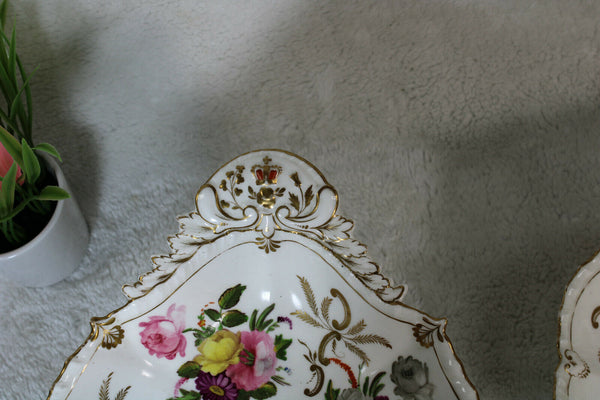 Pair antique vieux paris porcelain oyster plate hand paint floral decors