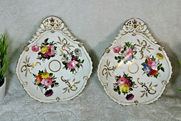 Pair antique vieux paris porcelain oyster plate hand paint floral decors