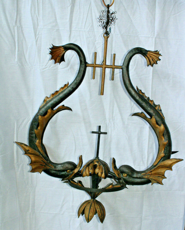 Antique cast iron italian church religious dolphin fish chandelier crucifix rare