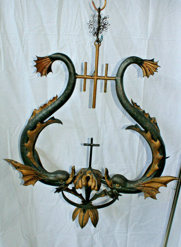 Antique cast iron italian church religious dolphin fish chandelier crucifix rare