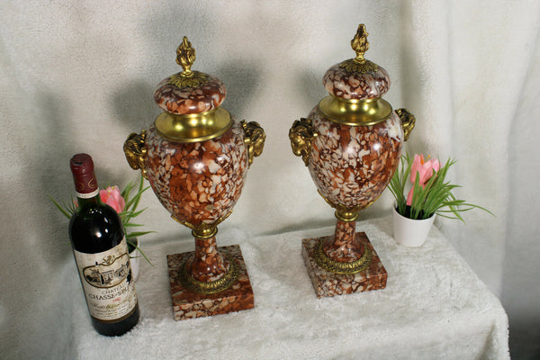 Antique PAIR marble bronze ram heads Vases