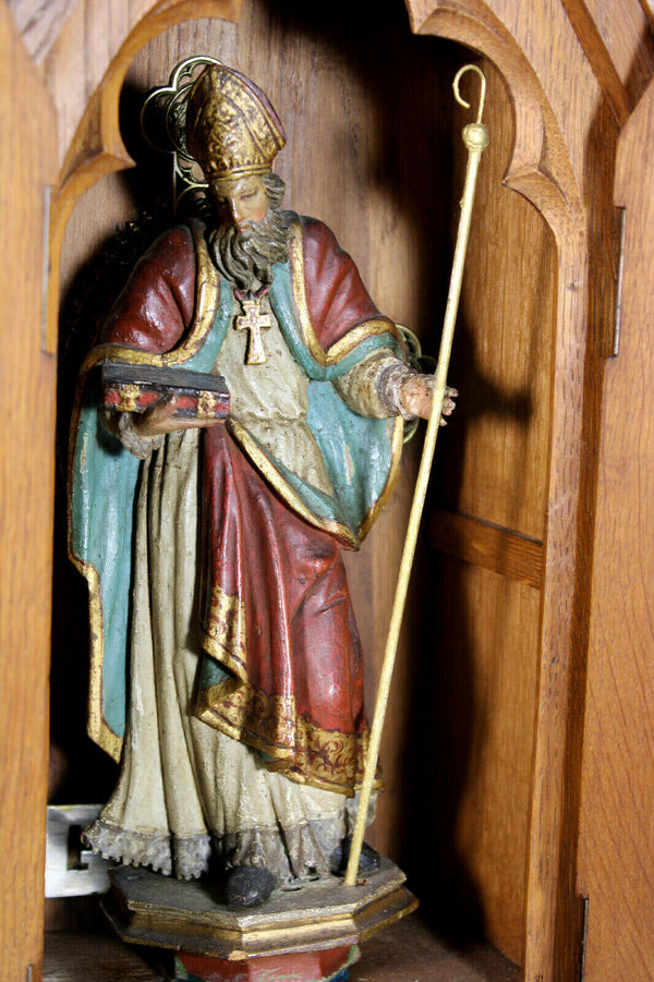 Top Neo gothic church wood carved chapel bishop saint figurine statue religious