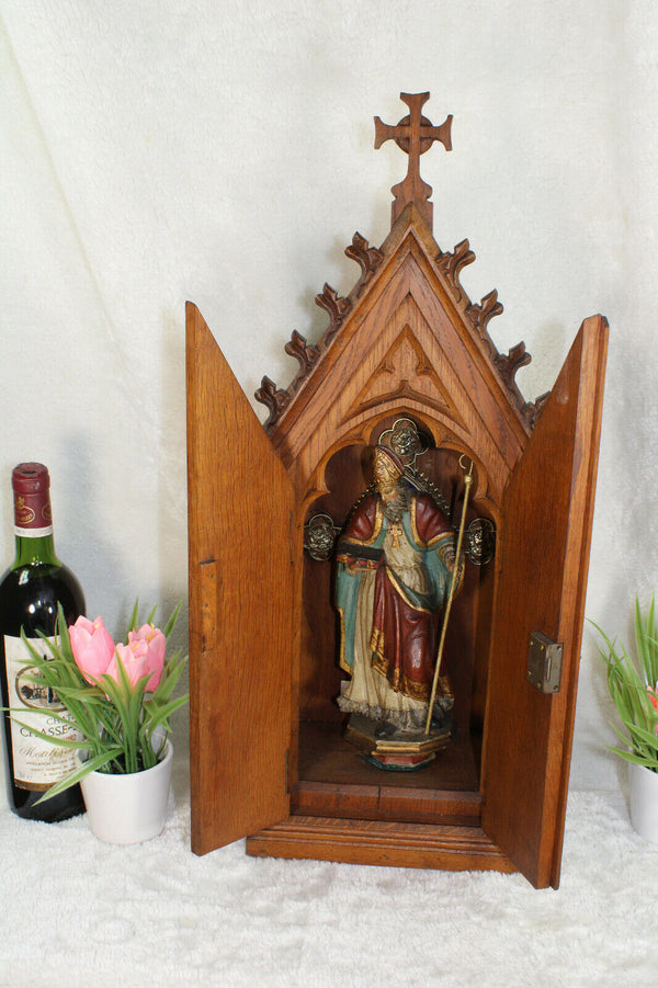 Top Neo gothic church wood carved chapel bishop saint figurine statue religious