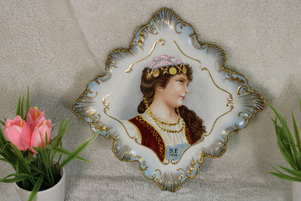 Antique french limoges marked porcelain portrait lady 1898 plate hand paint