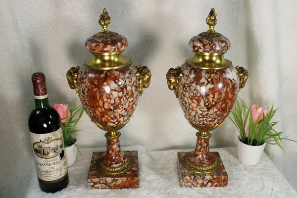 Antique PAIR marble bronze ram heads Vases