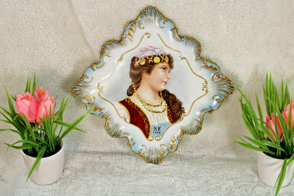 Antique french limoges marked porcelain portrait lady 1898 plate hand paint