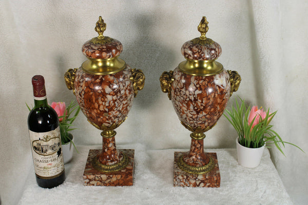 Antique PAIR marble bronze ram heads Vases