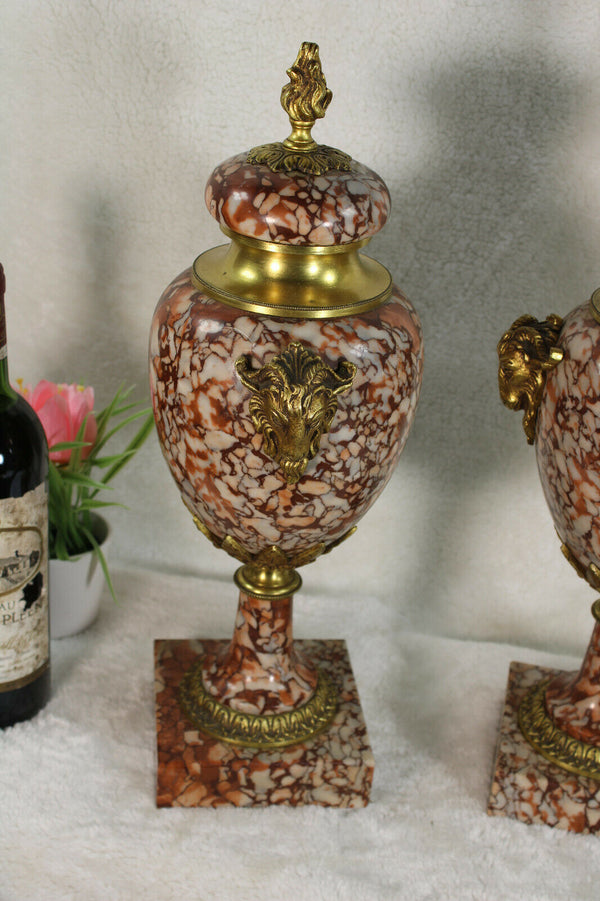 Antique PAIR marble bronze ram heads Vases