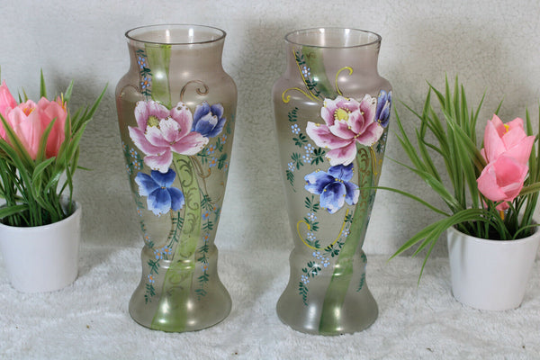 PAIR art nouveau french Glass enamel floral decor Vases