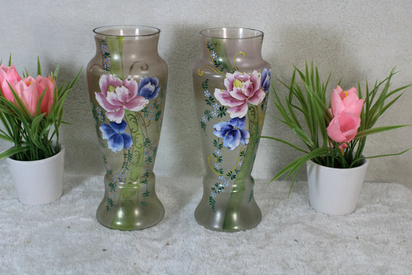 PAIR art nouveau french Glass enamel floral decor Vases