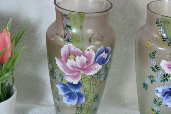 PAIR art nouveau french Glass enamel floral decor Vases