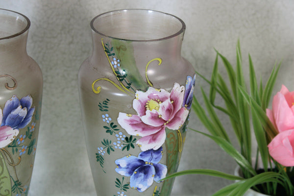 PAIR art nouveau french Glass enamel floral decor Vases