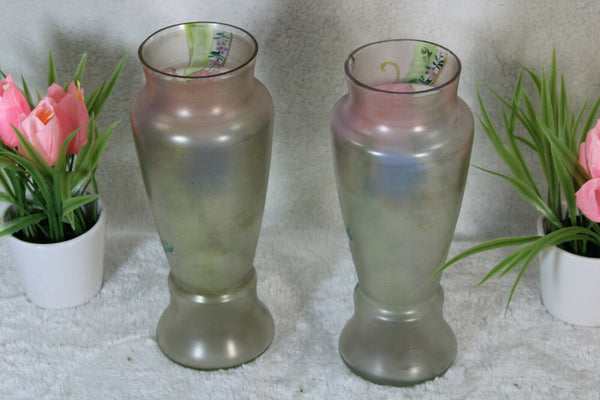 PAIR art nouveau french Glass enamel floral decor Vases