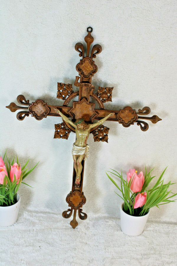 Antique French wood carved neo gothic Crucifix ceramic christ Rare