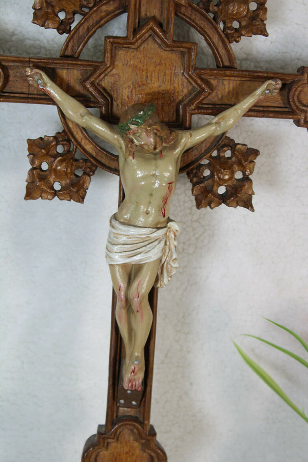 Antique French wood carved neo gothic Crucifix ceramic christ Rare