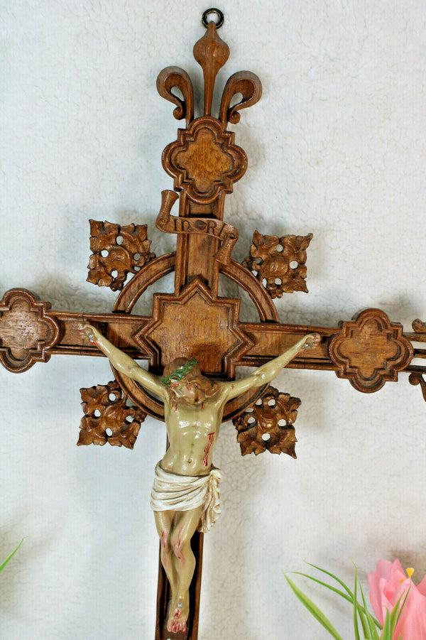 Antique French wood carved neo gothic Crucifix ceramic christ Rare