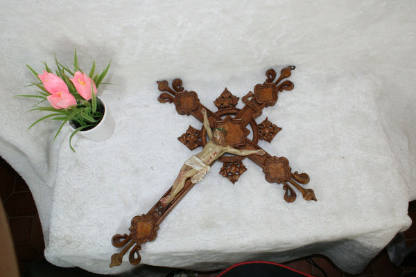 Antique French wood carved neo gothic Crucifix ceramic christ Rare