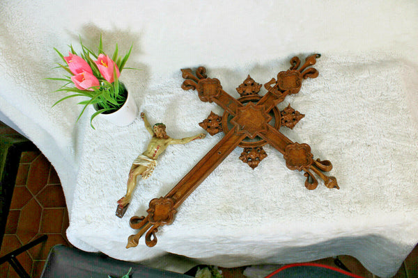 Antique French wood carved neo gothic Crucifix ceramic christ Rare